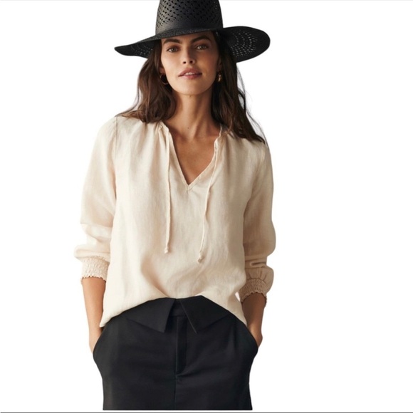 Anthropologie Cloth & Stone Linen Tie Neck Peasant Blouse Size L - Picture 1 of 11